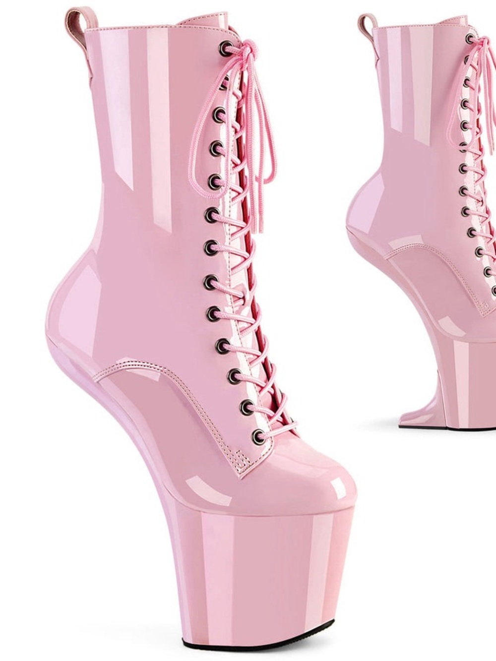 Pleaser Glossy Pink High-Platform Lace-Up Ankle Boots